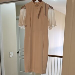 Calvin Klein Cream Midi Dress with Sheer Sleeves